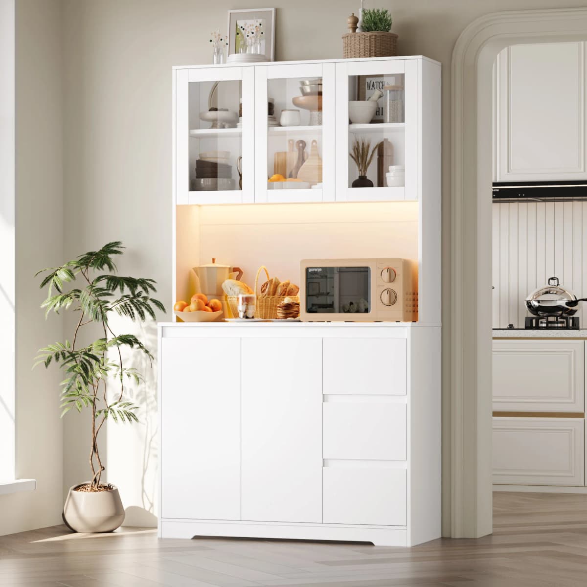 Getone Kitchen Buffet with Led, Kitchen Wardrobe Buffet Wardrobe with 3 Drawer Sockets Bar Adjustable Shelf 100X38.5X180Cm