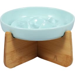 Raised Cat Bowl Elevated Cat Bowls with Wood Stand Ceramic Slow Feeder Bowl Cat Feeding Bowl Anti Vomiting Cat Food Bowl Non-Sli