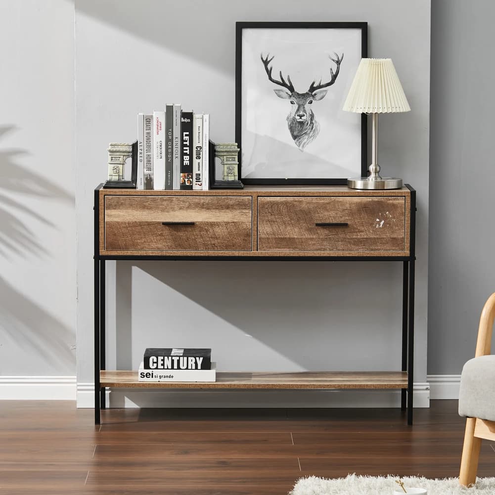 【Breeins】Rustic Console Table Metal Frame for Hallway with Drawers