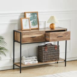 【Breeins】Rustic Console Table Metal Frame for Hallway with Drawers