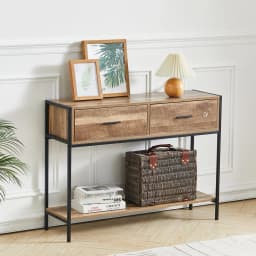 【Breeins】Rustic Console Table Metal Frame for Hallway with Drawers