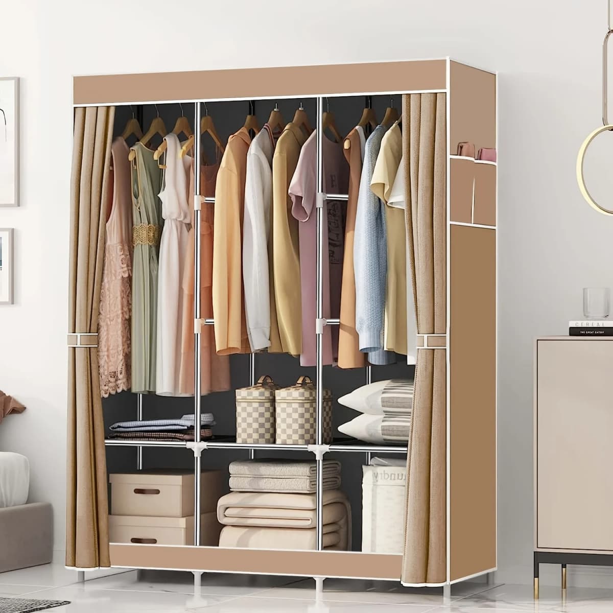Portable Canvas Clothes Organiser Large Capacity Cloth Wardrobe Closet Organiser Hanging and Storage GridRoom Bedroom Organize