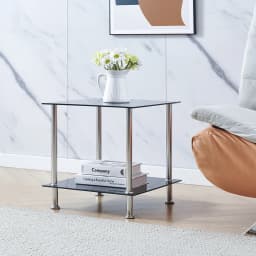 BonChoice 2-Tier Square/Round End Table Black Glass Side Coffee Tables with Stainless Steel Legs