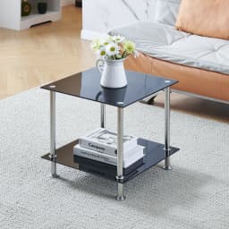 BonChoice 2-Tier Square/Round End Table Black Glass Side Coffee Tables with Stainless Steel Legs