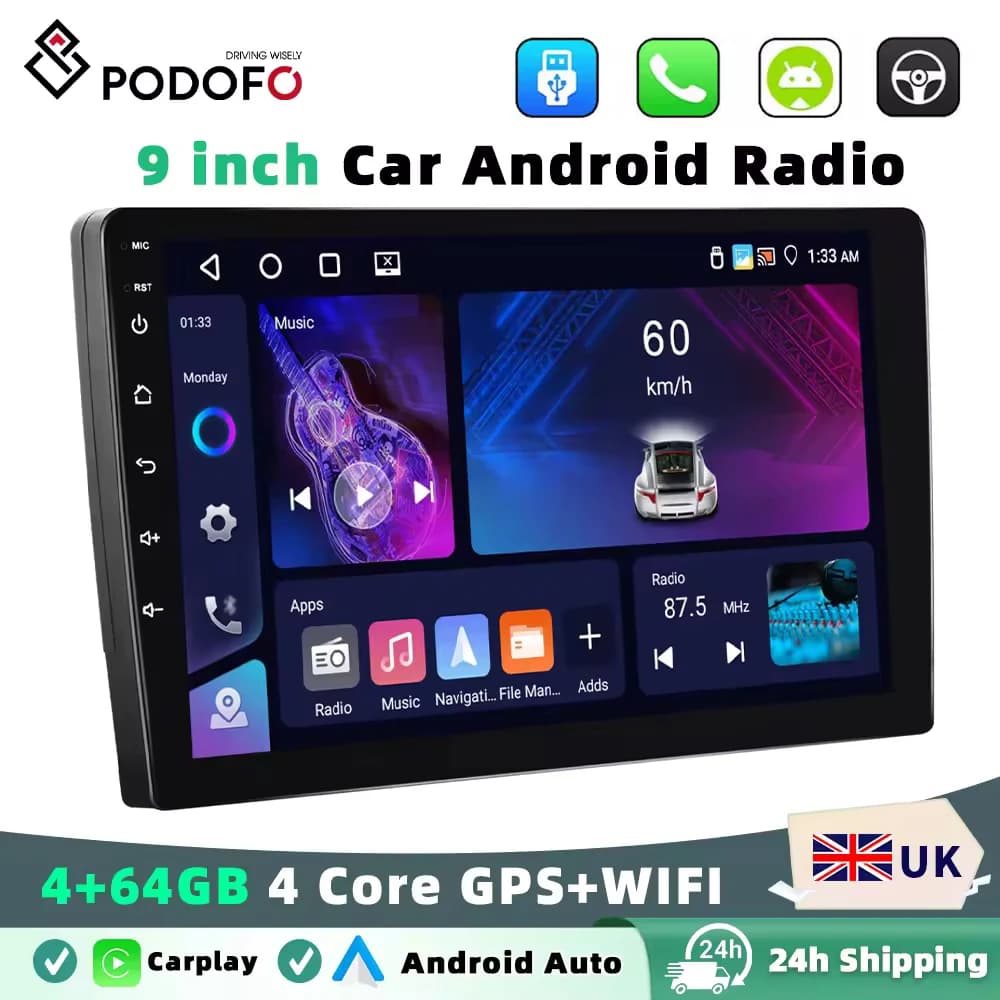Podofo 9Inch 2 DIN Car Stereo Radio Wirless Carplay Android Auto Car Stereo Bluetooth 64G GPS Navigation RDS WiFi USB FM DAB