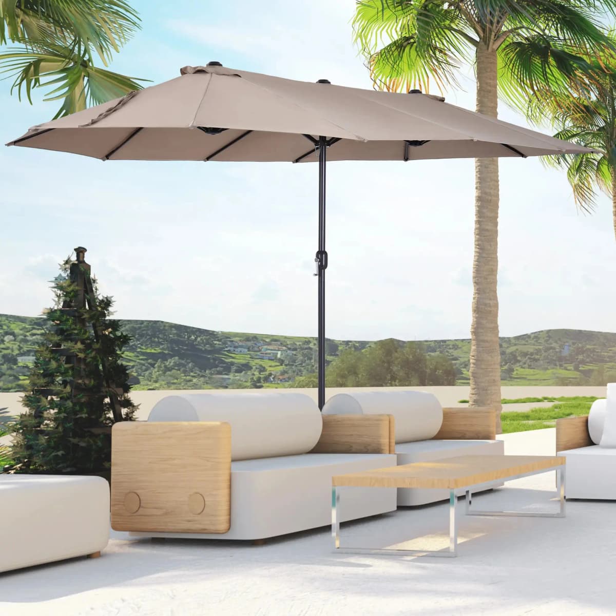4.5M Patio Outdoor Umbrella With Cover Double Sided Large Umbrella 4.5M with Crank Handle for Deck, Lawn, Backyard and Pool, Tan
