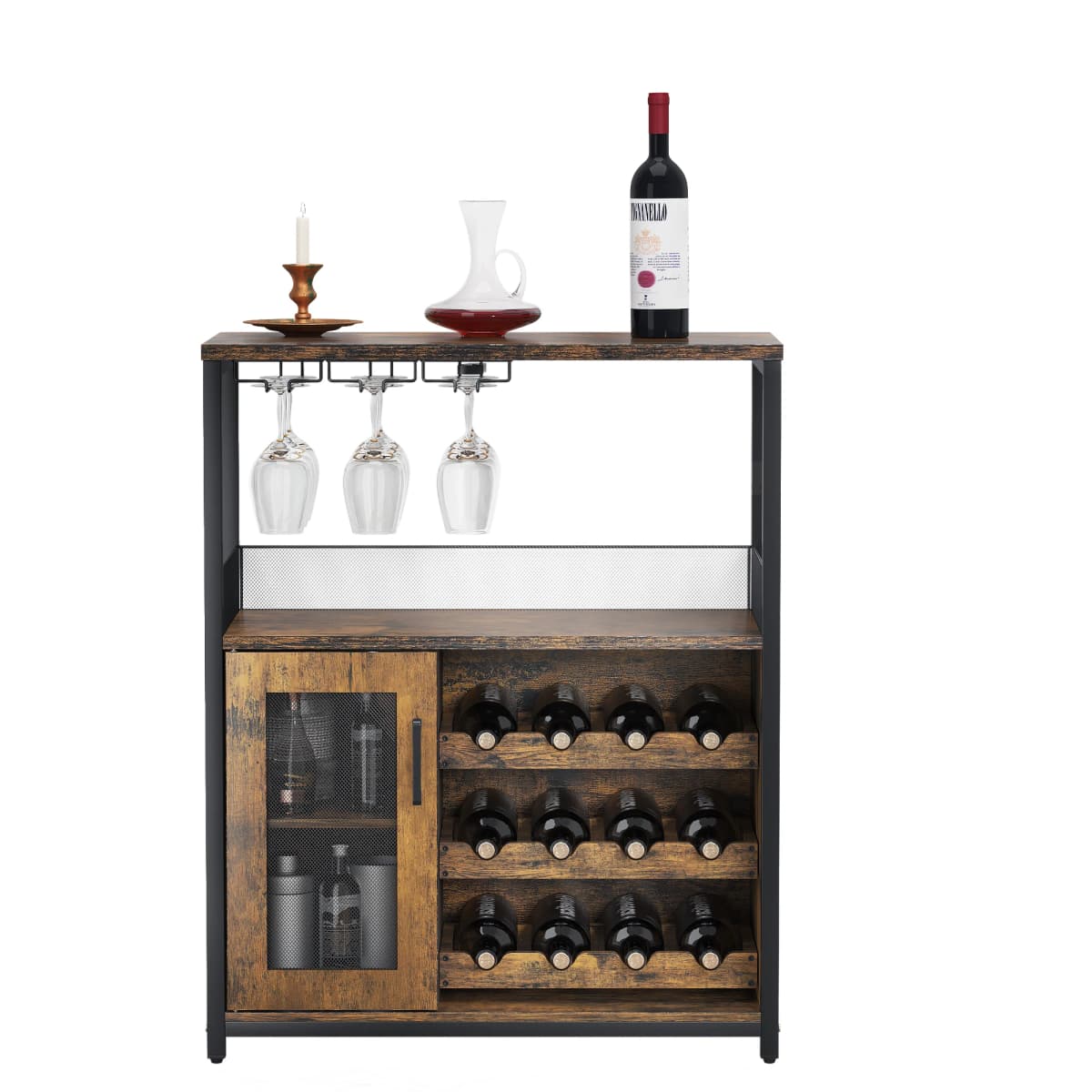 36 Inch Modern Wine Bar Cabinet - Removable Wood Wine Racks & Display Drawer | Wrought Iron Mesh Door + Glass Holder for Liquor