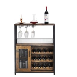 36 Inch Modern Wine Bar Cabinet - Removable Wood Wine Racks & Display Drawer | Wrought Iron Mesh Door + Glass Holder for Liquor