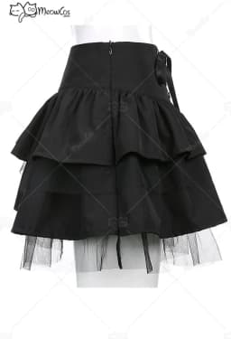 Clearance Price MEOWCOS Women Gothic Mesh Spliced Cake Skirt Dark Style Black Polyester Tie-Front Ruffled Skirt