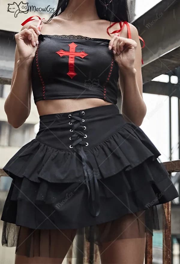 Clearance Price MEOWCOS Women Gothic Mesh Spliced Cake Skirt Dark Style Black Polyester Tie-Front Ruffled Skirt