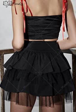 Clearance Price MEOWCOS Women Gothic Mesh Spliced Cake Skirt Dark Style Black Polyester Tie-Front Ruffled Skirt