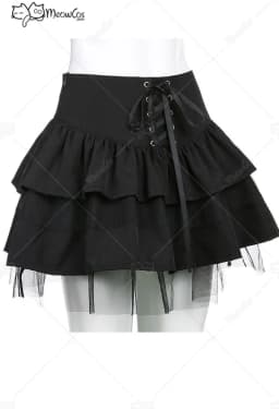 Clearance Price MEOWCOS Women Gothic Mesh Spliced Cake Skirt Dark Style Black Polyester Tie-Front Ruffled Skirt