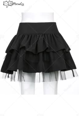 Clearance Price MEOWCOS Women Gothic Mesh Spliced Cake Skirt Dark Style Black Polyester Tie-Front Ruffled Skirt