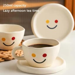 Smile Ceramic Coffee Cup and Saucer Set - 300ml, Tea Cups and Saucers for Afternoon Tea
