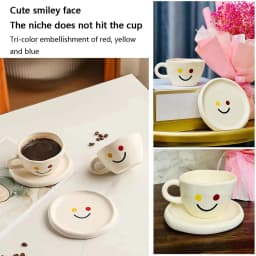 Smile Ceramic Coffee Cup and Saucer Set - 300ml, Tea Cups and Saucers for Afternoon Tea