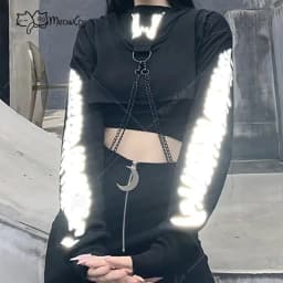 Clearance Price MEOWCOS Women Crop Top Punk Gothic Clothes Long Sleeve Hoodies with Chain Fish Bone Print Reflective Hoodies