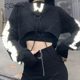 Clearance Price MEOWCOS Women Crop Top Punk Gothic Clothes Long Sleeve Hoodies with Chain Fish Bone Print Reflective Hoodies