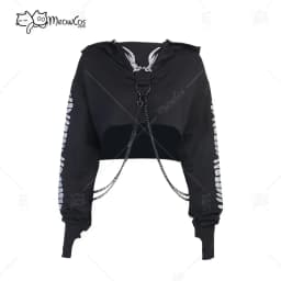 Clearance Price MEOWCOS Women Crop Top Punk Gothic Clothes Long Sleeve Hoodies with Chain Fish Bone Print Reflective Hoodies