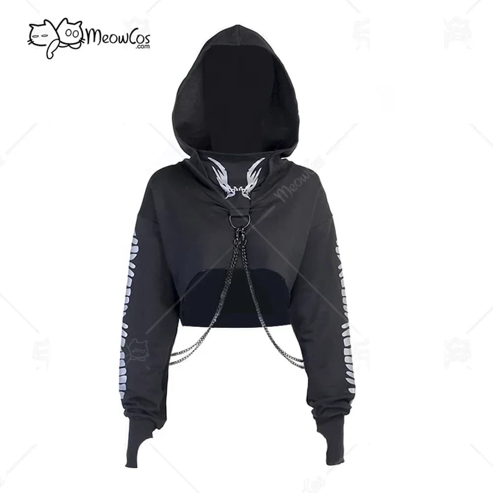 Clearance Price MEOWCOS Women Crop Top Punk Gothic Clothes Long Sleeve Hoodies with Chain Fish Bone Print Reflective Hoodies