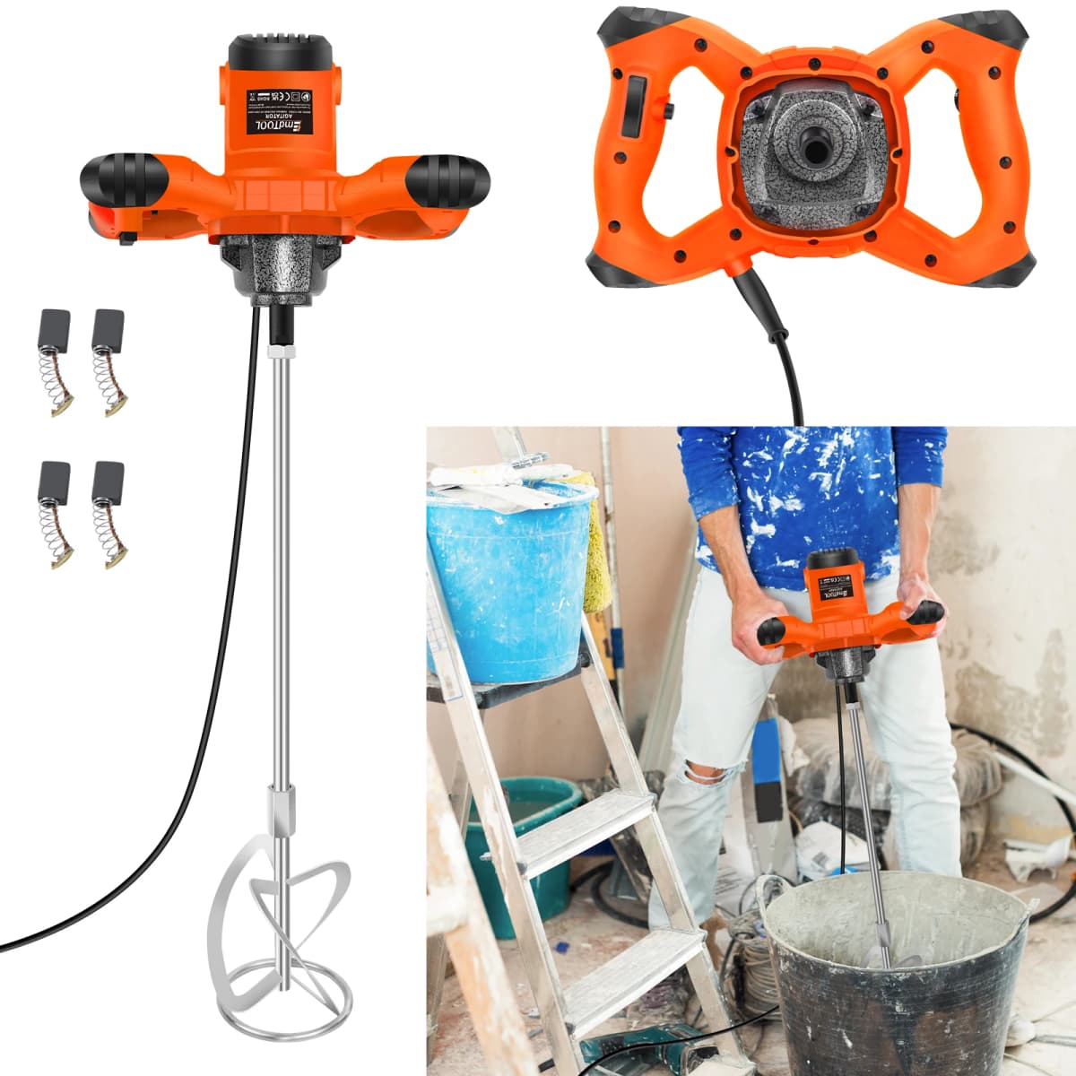 BRIEFNESS Cement Mixer Paddle Mixer, 6 Variable Speed Paint Mixer Plastering Tools, 1700 U/Min Plaster Mixer,1.5M Long Cable