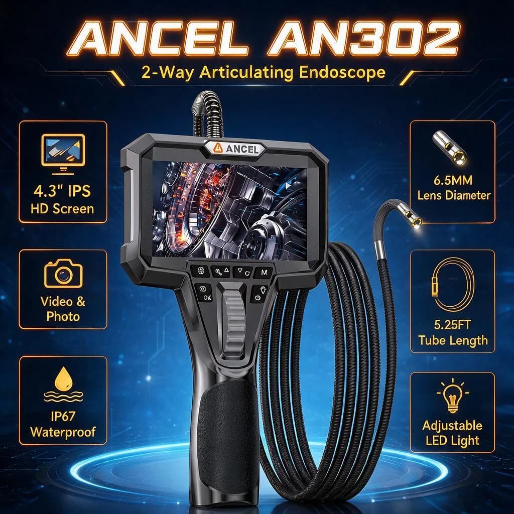 ANCEL AN302 Two-Way Articulating Borescope IP67 6.5MM Dual Lens Endoscope Inspection Camera 7 LED Lights Car Inspection Tools