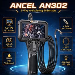 ANCEL AN302 Two-Way Articulating Borescope IP67 6.5MM Dual Lens Endoscope Inspection Camera 7 LED Lights Car Inspection Tools