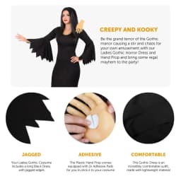 Ladies Gothic Mother Costume - Long Black Halloween Dress with Creepy Hand Prop Horror Fancy Dress Set
