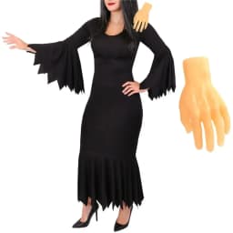 Ladies Gothic Mother Costume - Long Black Halloween Dress with Creepy Hand Prop Horror Fancy Dress Set