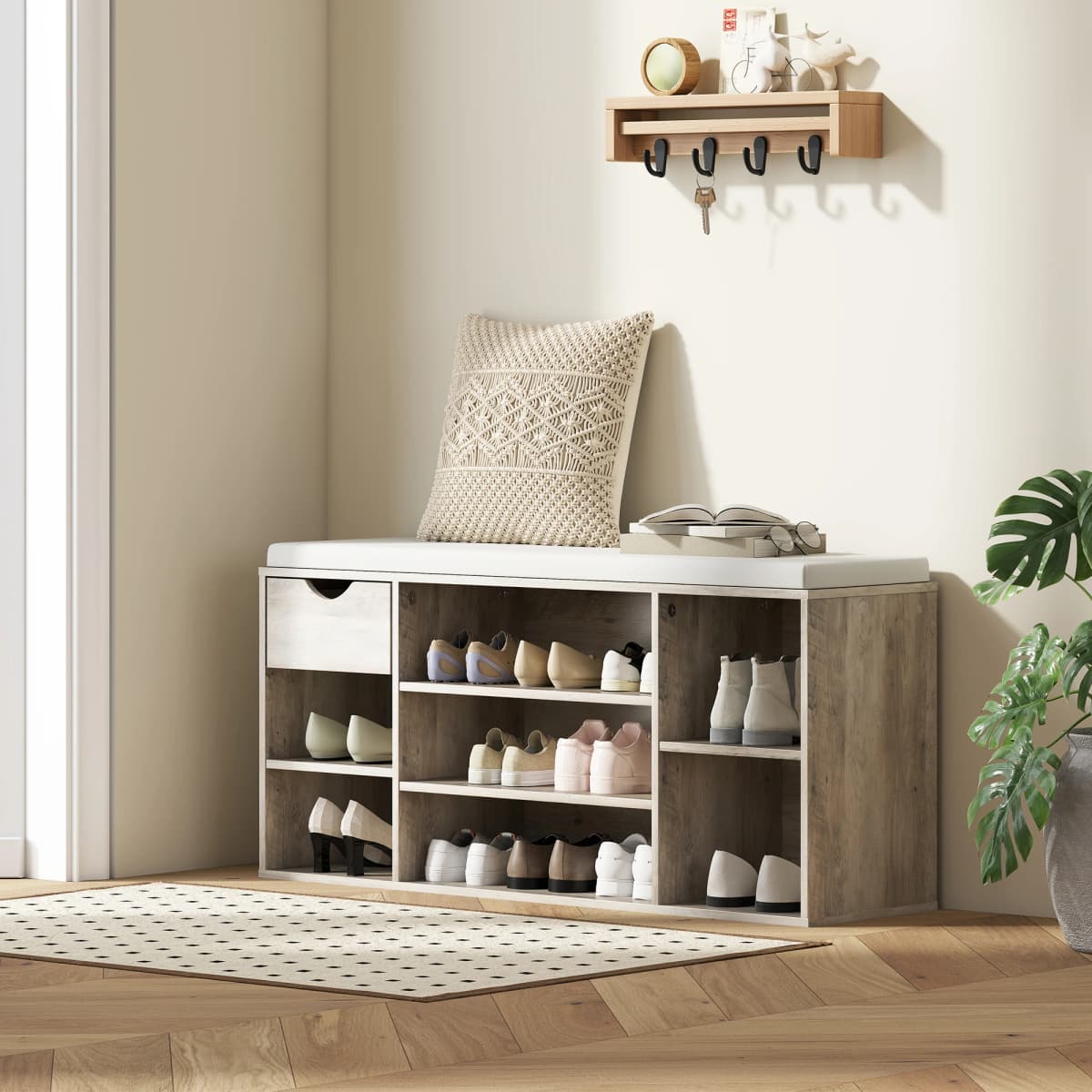 HOMCOM Shoe Storage Cabinet Bench w/ Cushion Adjustable Shelves Grey