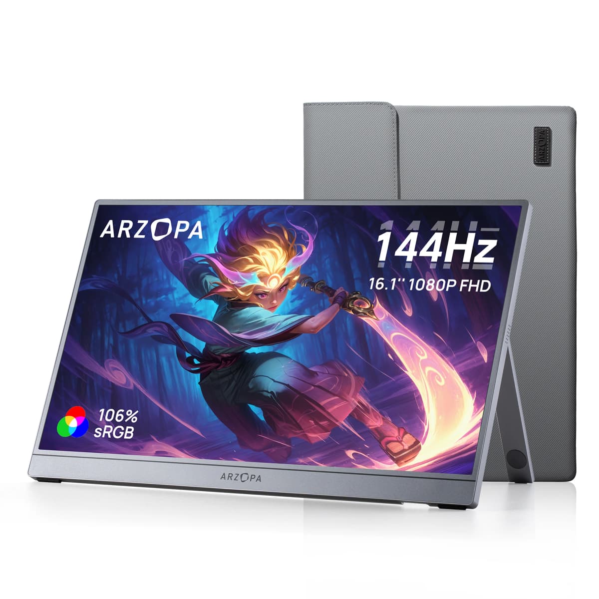 【Monitor+Bag】ARZOPA 16.1 inches Grey Portable Monitor,144 hz,100%s RGB,1080P FHD External Second Screen IPS Screen,Z1FC Grey