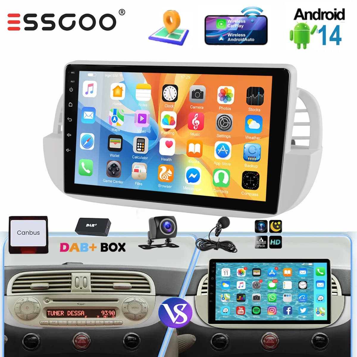 ESSGOO 2 DIN For Fiat 500 2007-2015 White 9" Apple Carplay Android auto Car Stereo Radio GPS WIFI SWC BT Mirror Link Android 14