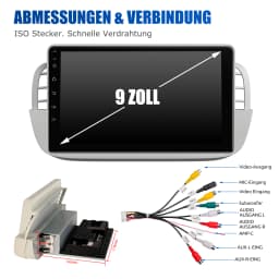 ESSGOO 2 DIN For Fiat 500 2007-2015 White 9" Apple Carplay Android auto Car Stereo Radio GPS WIFI SWC BT Mirror Link Android 14