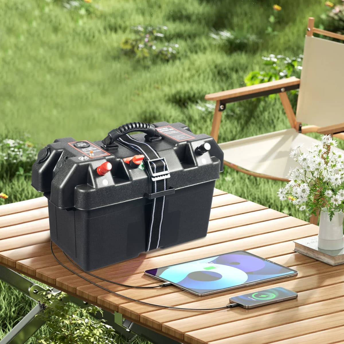 Multi-function Battery Box Dual USB Ports Independent Switch Design for Small-boat Transom Applications PP Black