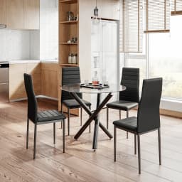 Round Dining Table, 90 cm Glass Safe Table Top with Black Stylish Stable Table Legs