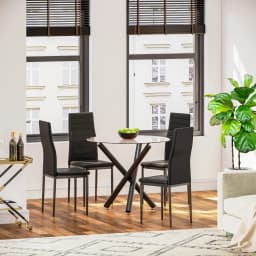 Round Dining Table, 90 cm Glass Safe Table Top with Black Stylish Stable Table Legs