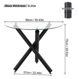 Round Dining Table, 90 cm Glass Safe Table Top with Black Stylish Stable Table Legs