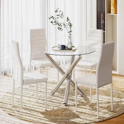 Round Dining Table, 90 cm Glass Safe Table Top with Black Stylish Stable Table Legs