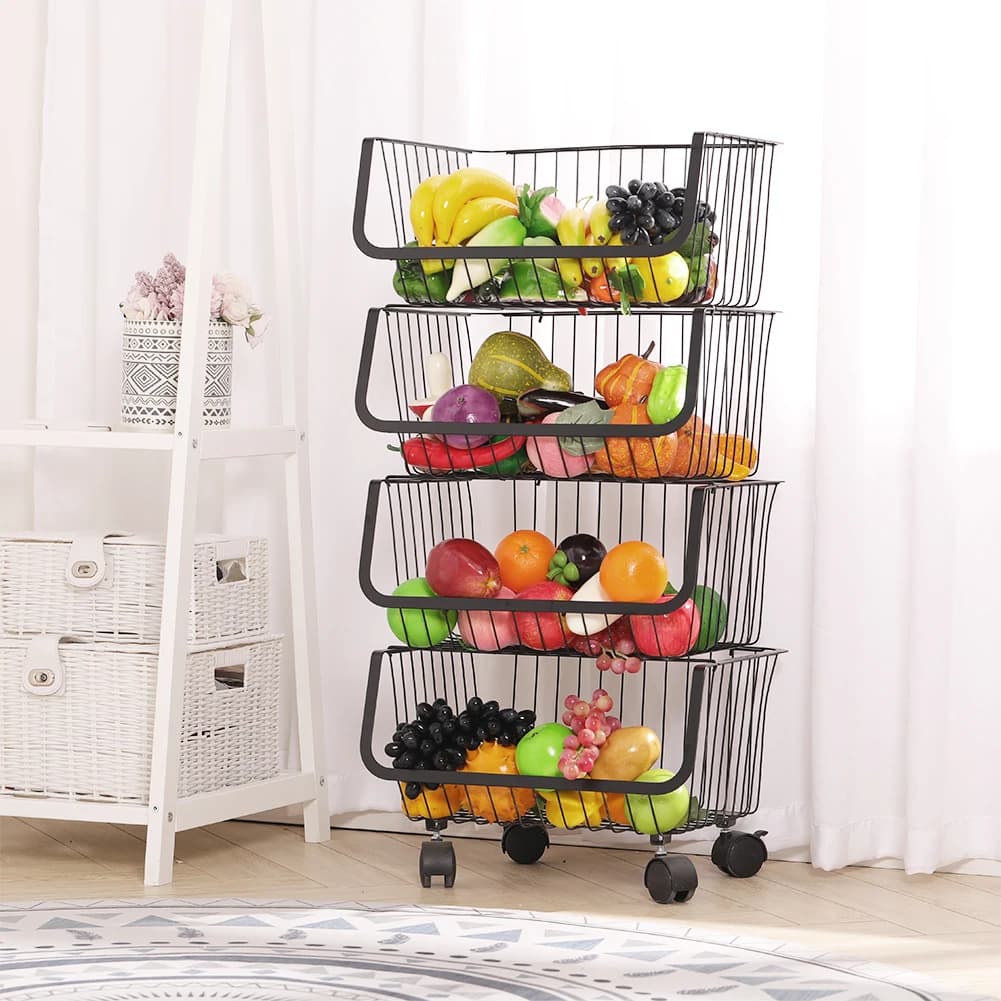 Voltsify Stackable Rolling Metal Wire Basket Trolley Rack Fruit Vegetable Storage Holder for Kitchen