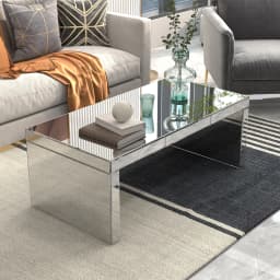 SHYFOY Silver Coffee Tables for Living Room with Crushed Crystal Clear Glass Rectangle Center Table Mirrored Finished