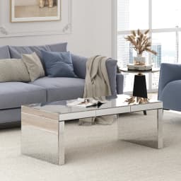 SHYFOY Silver Coffee Tables for Living Room with Crushed Crystal Clear Glass Rectangle Center Table Mirrored Finished