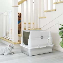 PawHut Extra Large Stainless Steel Cat Litter Tray with Scoop, Flip Top