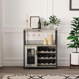 UK Bar Cabinet, Wine Rack Cabinet with Detachable Wine Rack, Adjustable Shelves Coffee Bar Cabinets with Mesh Door and Baffle De