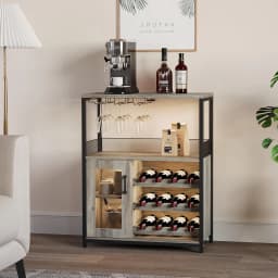 UK Bar Cabinet, Wine Rack Cabinet with Detachable Wine Rack, Adjustable Shelves Coffee Bar Cabinets with Mesh Door and Baffle De