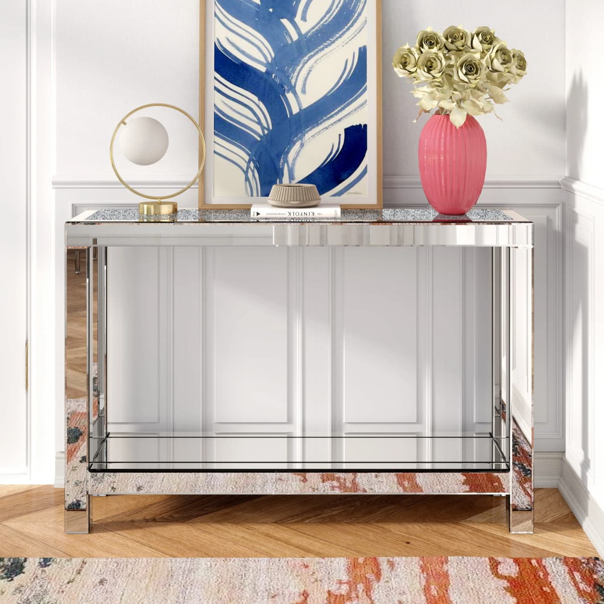 SHYFOY 120 cm Mirrored Console Table, 2 Tier Modern Glass Entryway Table, Silver Narrow Console Table with Shelves & Sparkling C