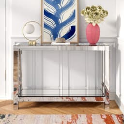 SHYFOY 120 cm Mirrored Console Table, 2 Tier Modern Glass Entryway Table, Silver Narrow Console Table with Shelves & Sparkling C