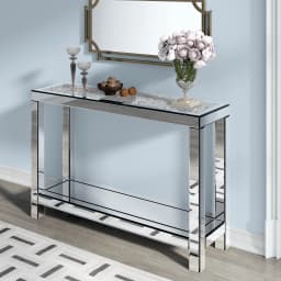 SHYFOY 120 cm Mirrored Console Table, 2 Tier Modern Glass Entryway Table, Silver Narrow Console Table with Shelves & Sparkling C