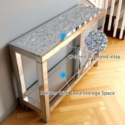 SHYFOY 120 cm Mirrored Console Table, 2 Tier Modern Glass Entryway Table, Silver Narrow Console Table with Shelves & Sparkling C