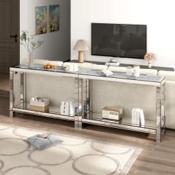 SHYFOY 120 cm Mirrored Console Table, 2 Tier Modern Glass Entryway Table, Silver Narrow Console Table with Shelves & Sparkling C