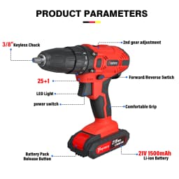 21V Cordless Drill Driver with LED Work Light 29pc Electric Screwdriver Set Lithium-Ion Battery And Charger Included