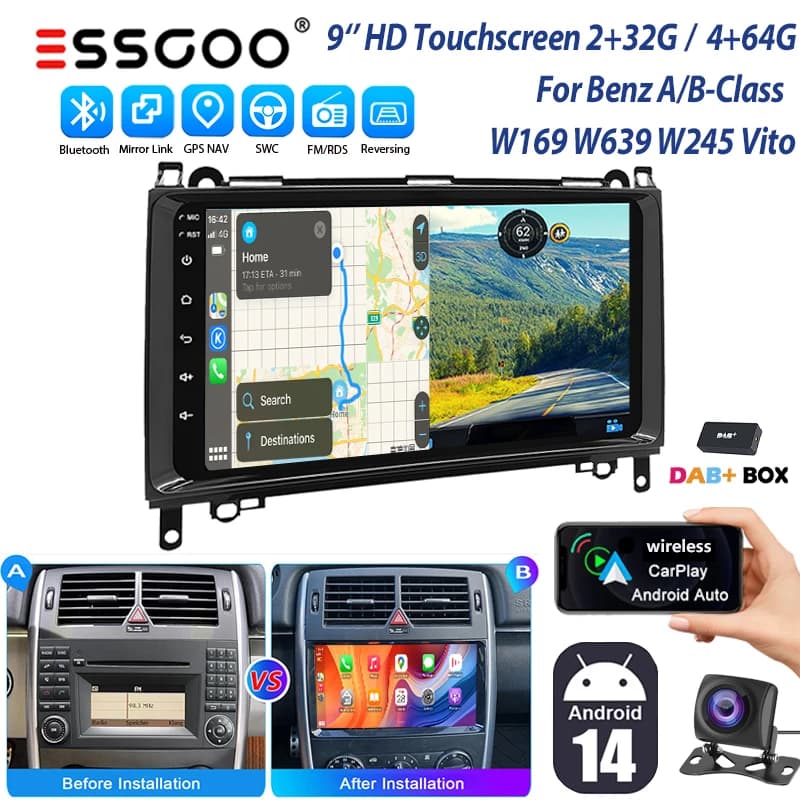 9''car stereo radio with 4+64GB for Benz B200 Vito W639 Sprinte Viano W169 Wireless CarPlay Android Auto GPS Bluetooth Wifi RDS